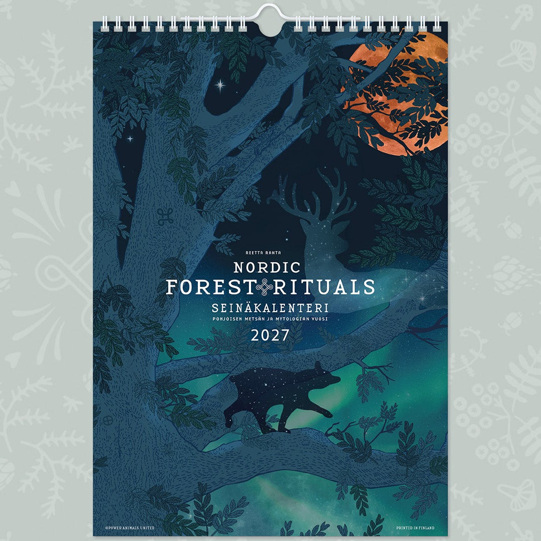A hanging wall calendar cover titled 'Nordic Forest Rituals 2027' shown against a pale patterned background. The cover art depicts a dark forest scene with tree branches, a bear silhouette, and an orange moon behind the dark foliage.