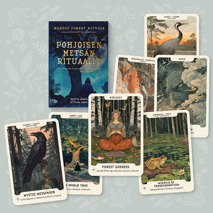 Nordic Forest Rituals Oraakkelikortit (Designer Edition) – 49 korttia, painettu suomenkielinen opaskirja ja pellavapussi