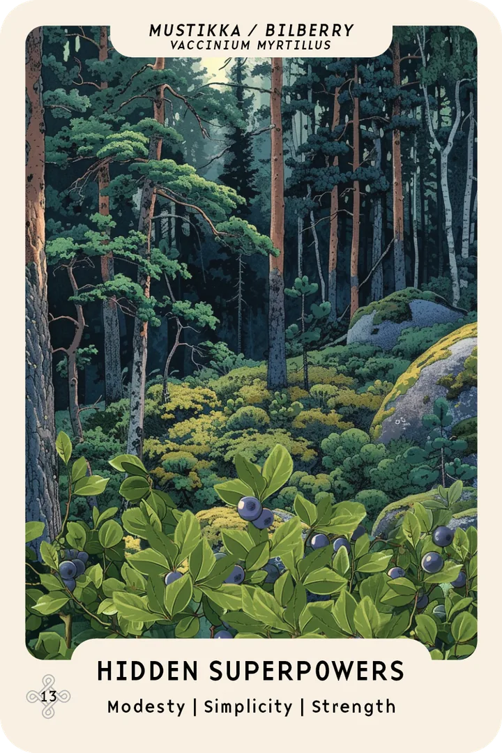 Bilberry oracle card: bilberry shrubs with berries on a pine forest floor