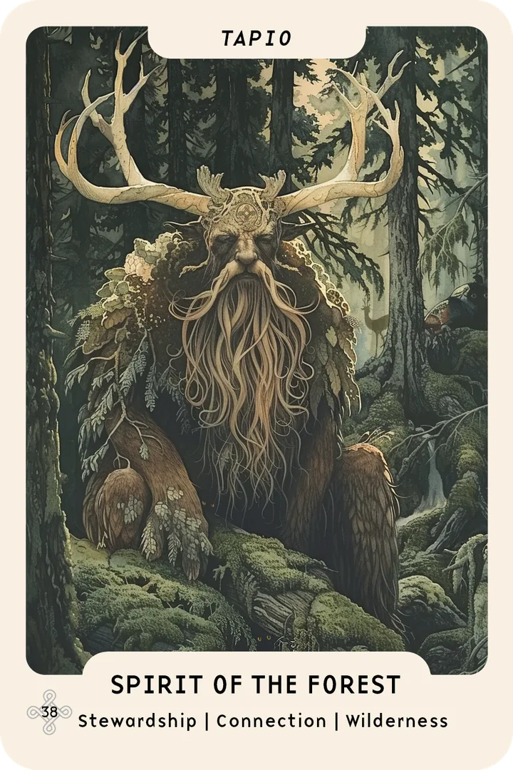 Tapio oracle card: the antlered, long-bearded forest god sits in a mossy spruce forest